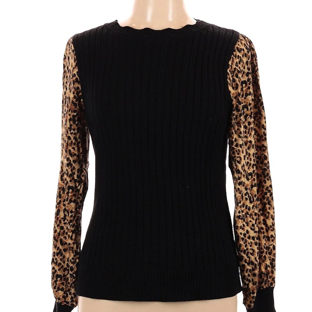 Current Air Leopard  Mixed Media Contrast Sweater Top